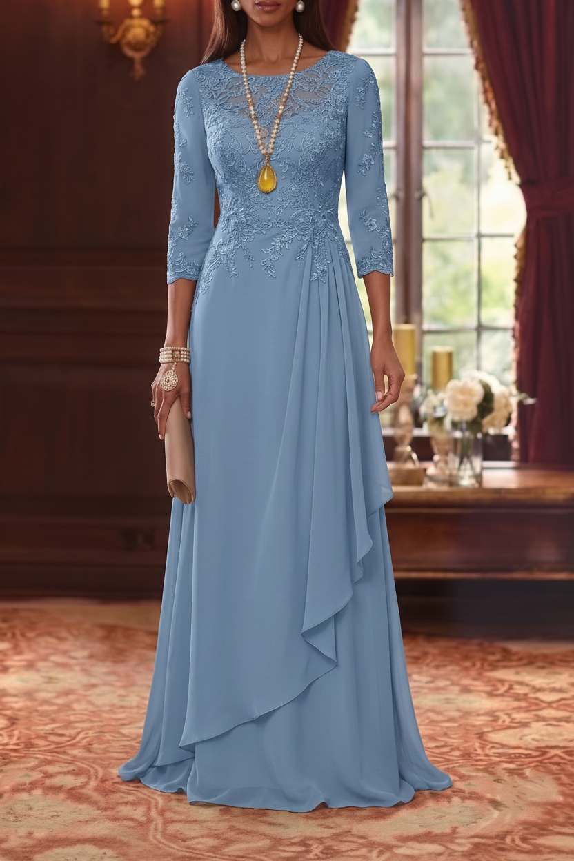 A-Line/Princess Scoop Chiffon Mother of the Bride Dresses 3/4 Sleeves Lace Floor-Length With Pleated