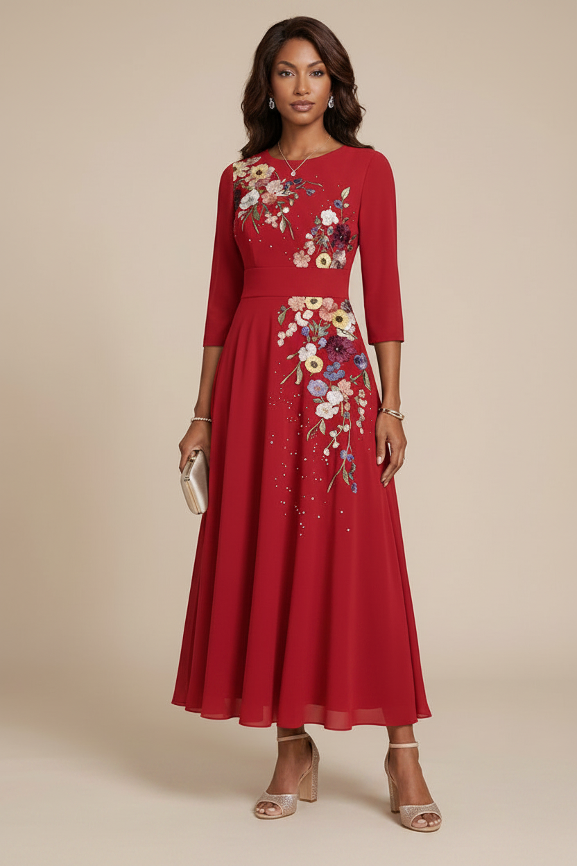 A-Line/Princess Scoop Chiffon Mother of the Bride Dresses 3/4 Sleeves Lace Tea-Length Floral