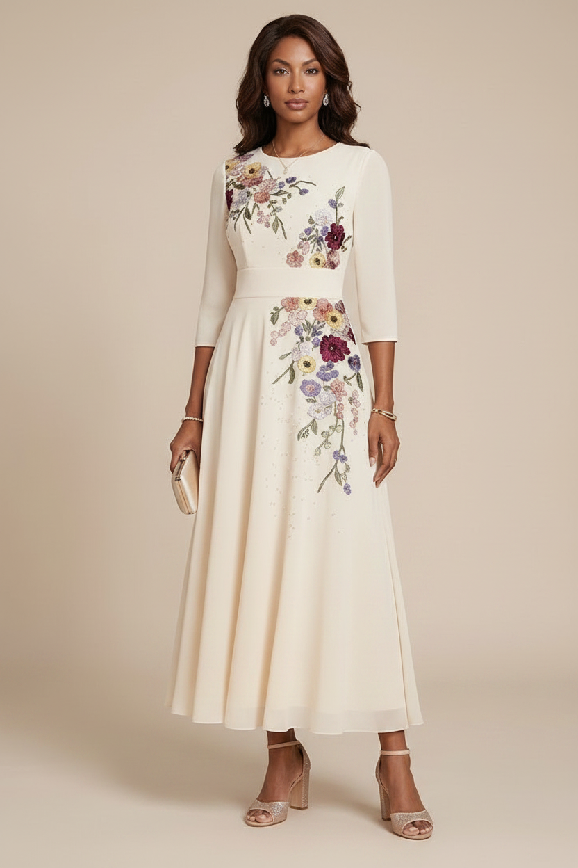 A-Line/Princess Scoop Chiffon Mother of the Bride Dresses 3/4 Sleeves Lace Tea-Length Floral