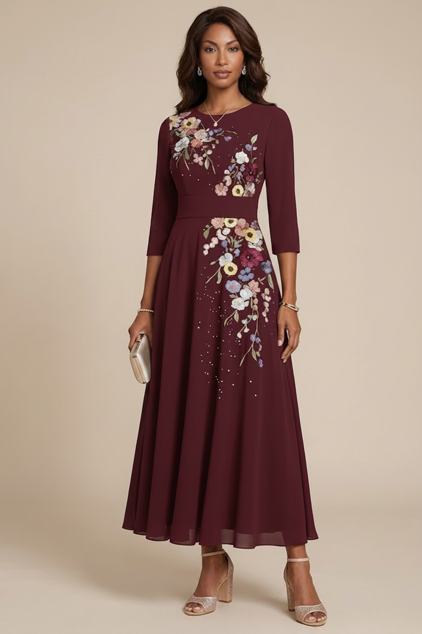 A-Line/Princess Scoop Chiffon Mother of the Bride Dresses 3/4 Sleeves Lace Tea-Length Floral