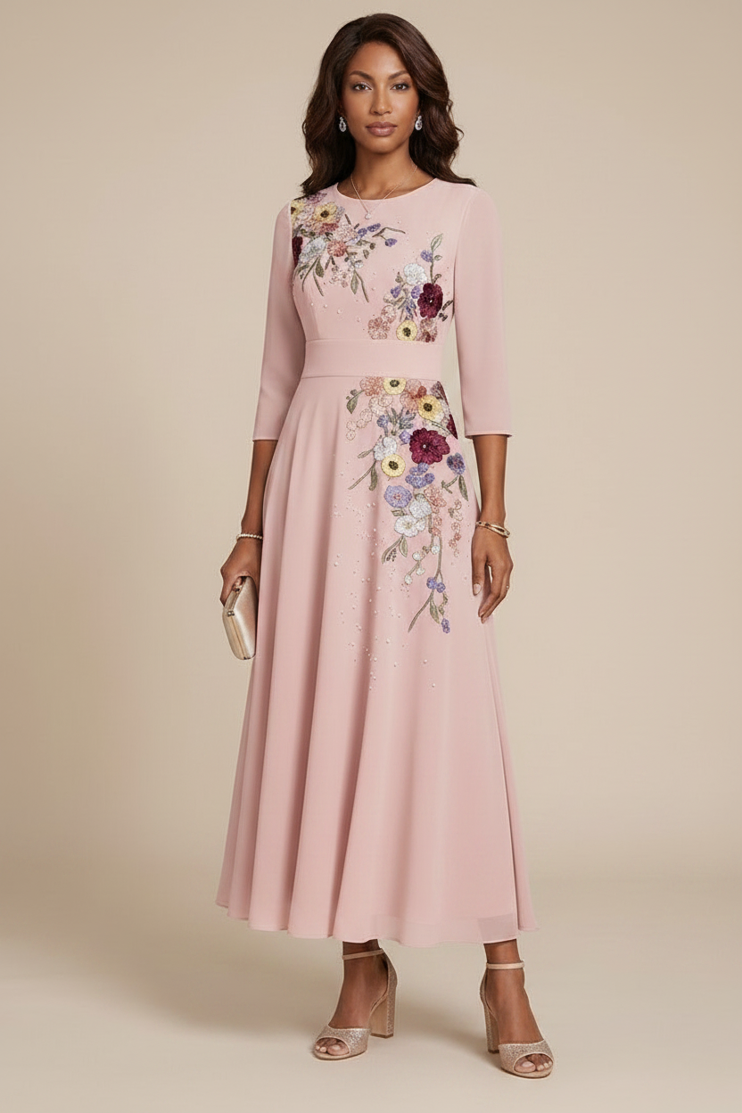 A-Line/Princess Scoop Chiffon Mother of the Bride Dresses 3/4 Sleeves Lace Tea-Length Floral