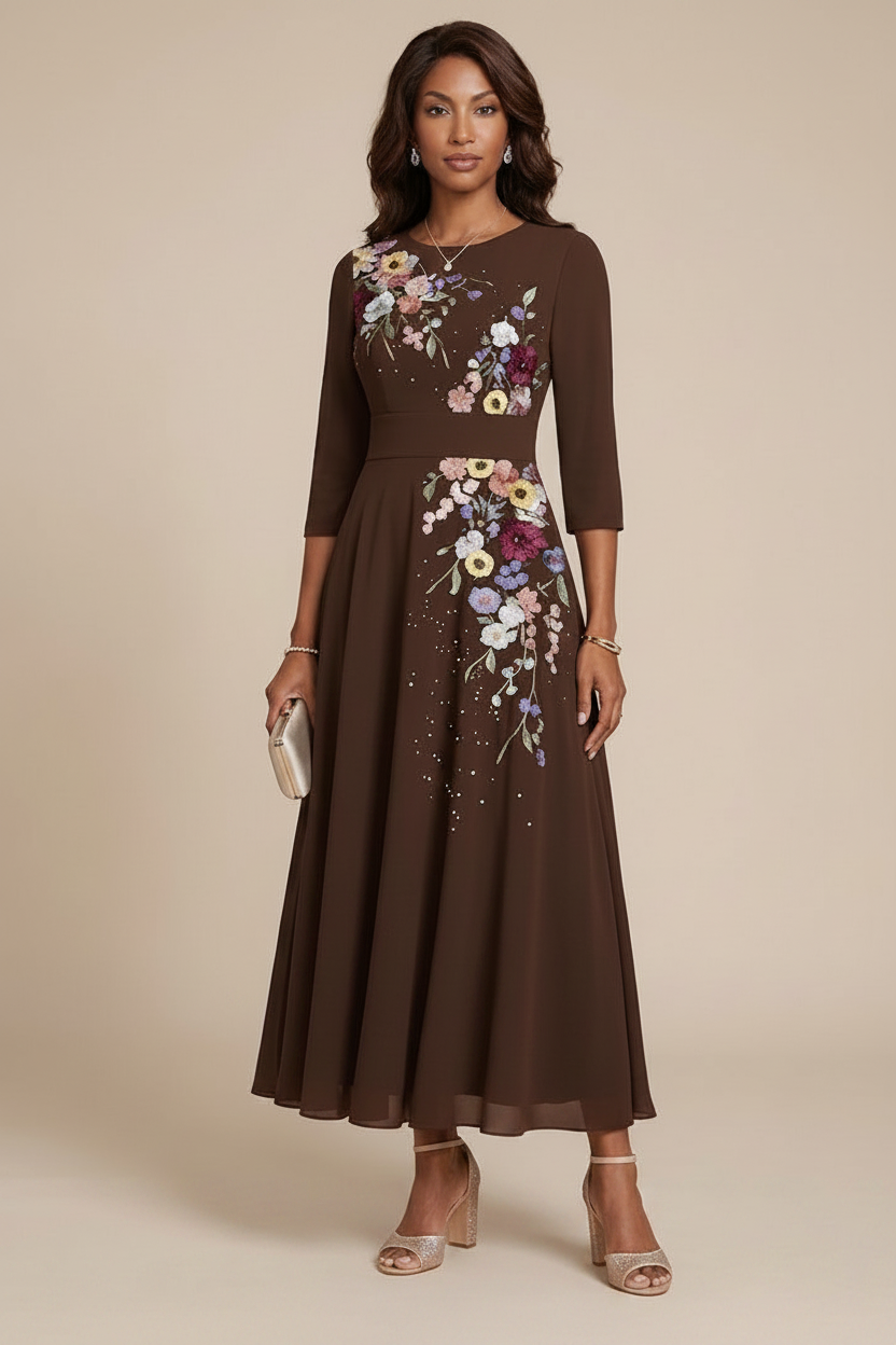 A-Line/Princess Scoop Chiffon Mother of the Bride Dresses 3/4 Sleeves Lace Tea-Length Floral