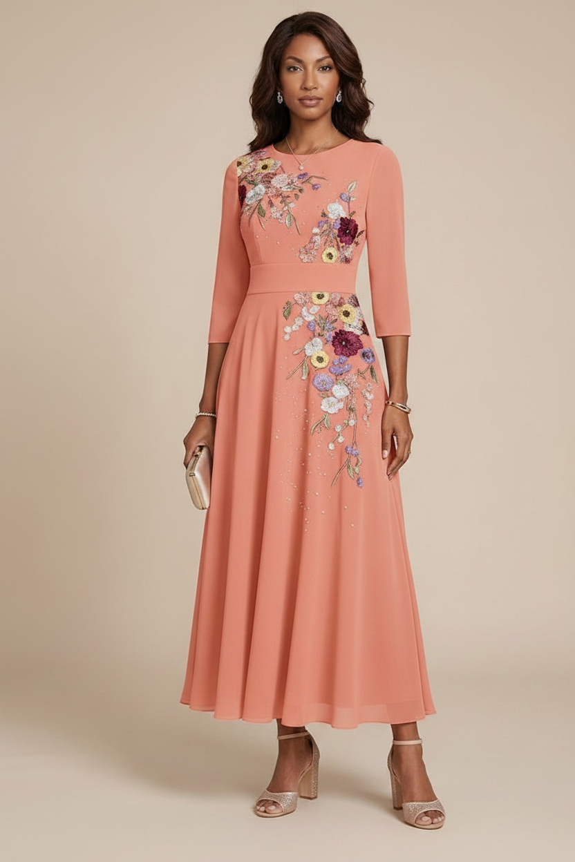 A-Line/Princess Scoop Chiffon Mother of the Bride Dresses 3/4 Sleeves Lace Tea-Length Floral