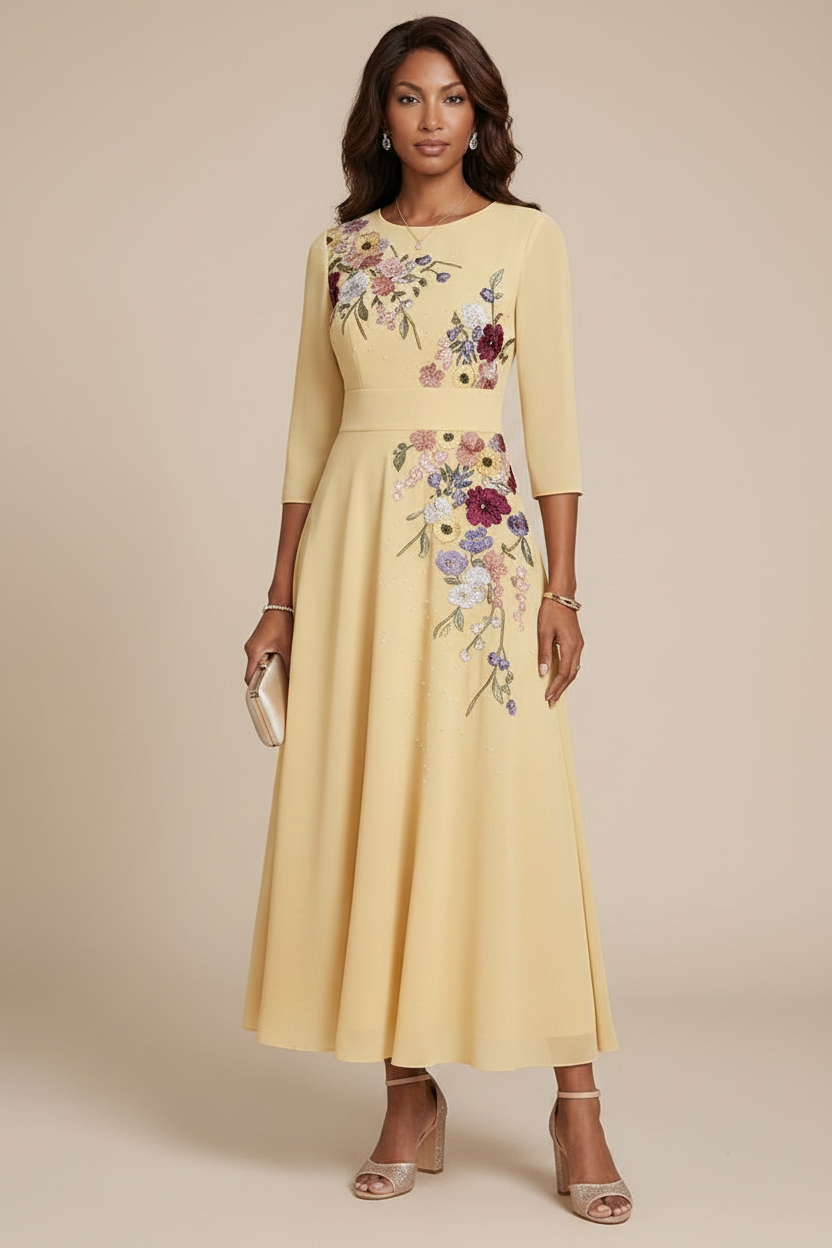 A-Line/Princess Scoop Chiffon Mother of the Bride Dresses 3/4 Sleeves Lace Tea-Length Floral