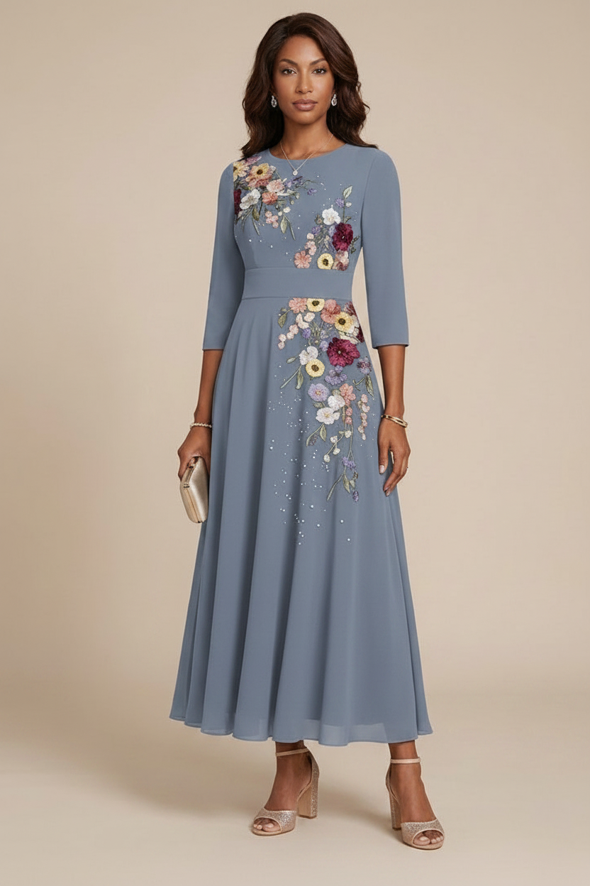 A-Line/Princess Scoop Chiffon Mother of the Bride Dresses 3/4 Sleeves Lace Tea-Length Floral