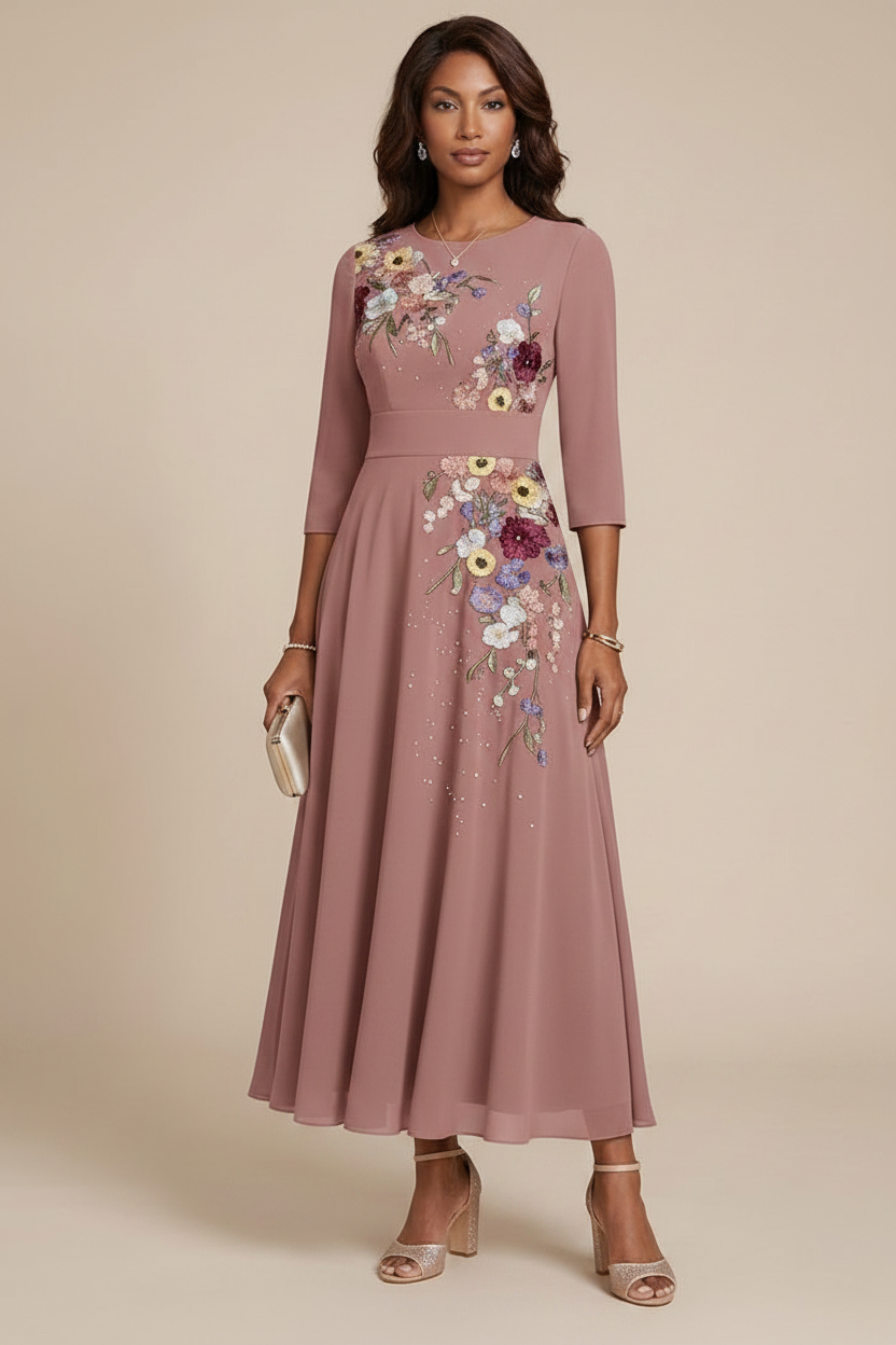 A-Line/Princess Scoop Chiffon Mother of the Bride Dresses 3/4 Sleeves Lace Tea-Length Floral