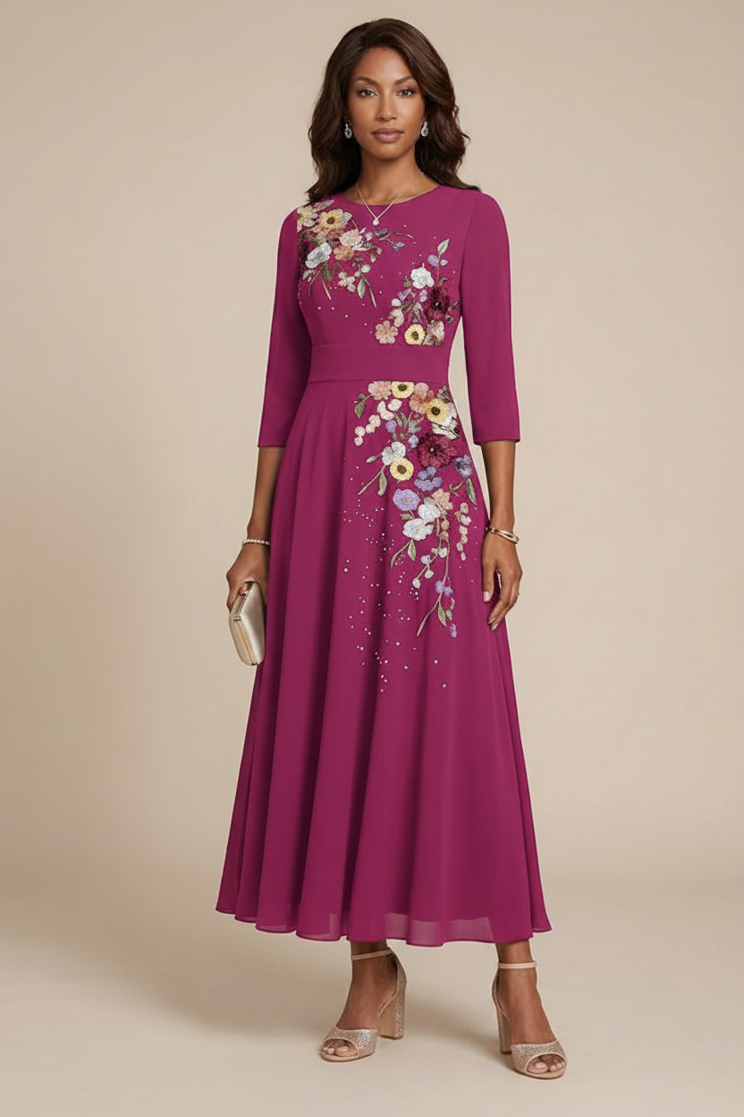 A-Line/Princess Scoop Chiffon Mother of the Bride Dresses 3/4 Sleeves Lace Tea-Length Floral