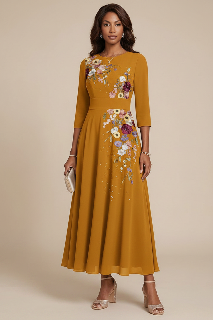 A-Line/Princess Scoop Chiffon Mother of the Bride Dresses 3/4 Sleeves Lace Tea-Length Floral