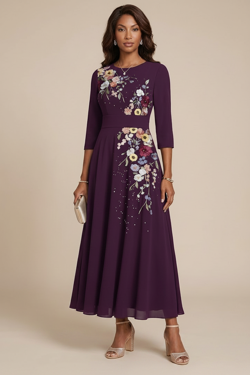 A-Line/Princess Scoop Chiffon Mother of the Bride Dresses 3/4 Sleeves Lace Tea-Length Floral