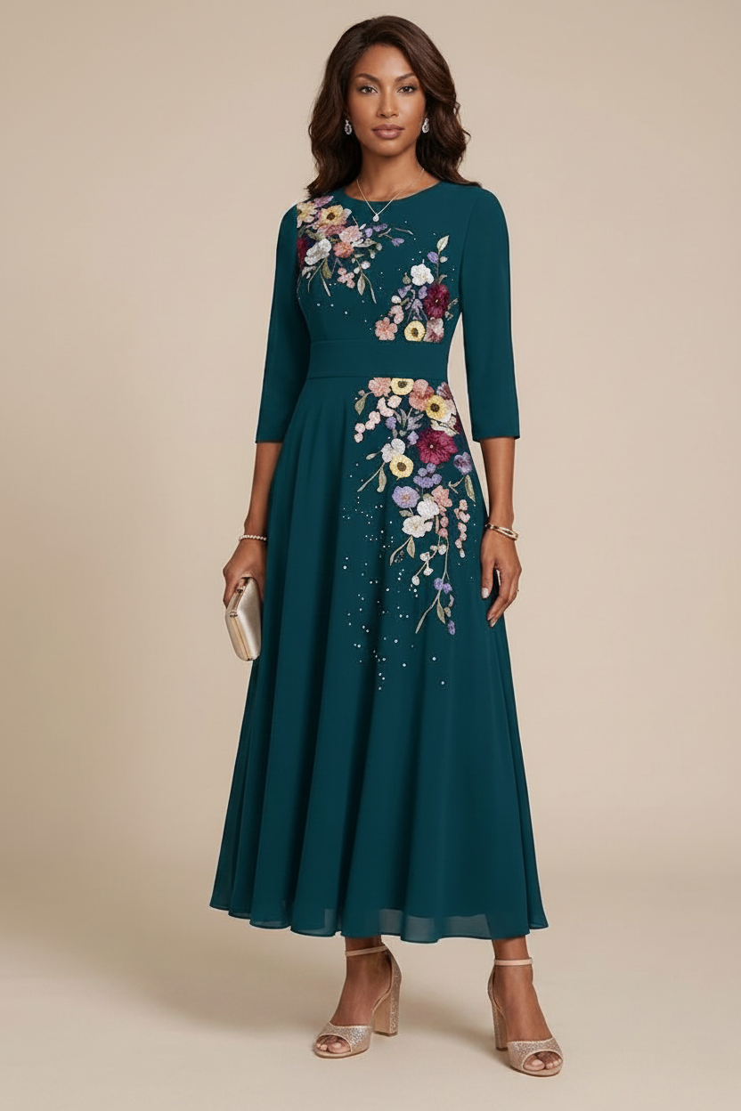 A-Line/Princess Scoop Chiffon Mother of the Bride Dresses 3/4 Sleeves Lace Tea-Length Floral
