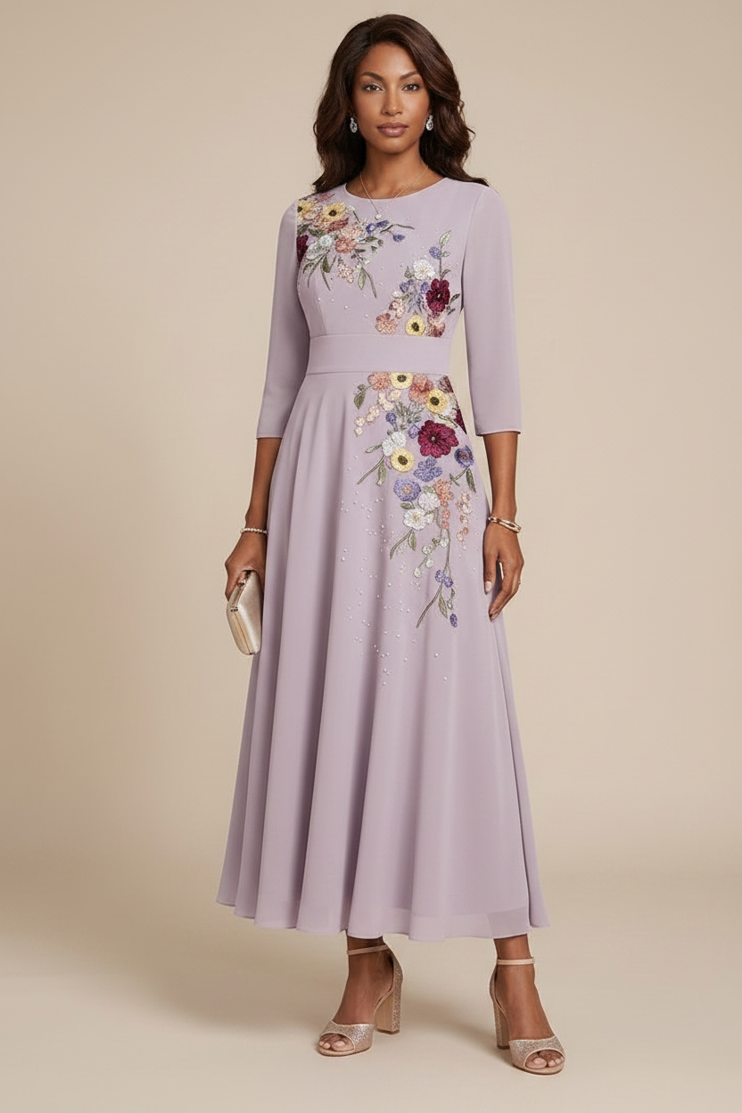A-Line/Princess Scoop Chiffon Mother of the Bride Dresses 3/4 Sleeves Lace Tea-Length Floral
