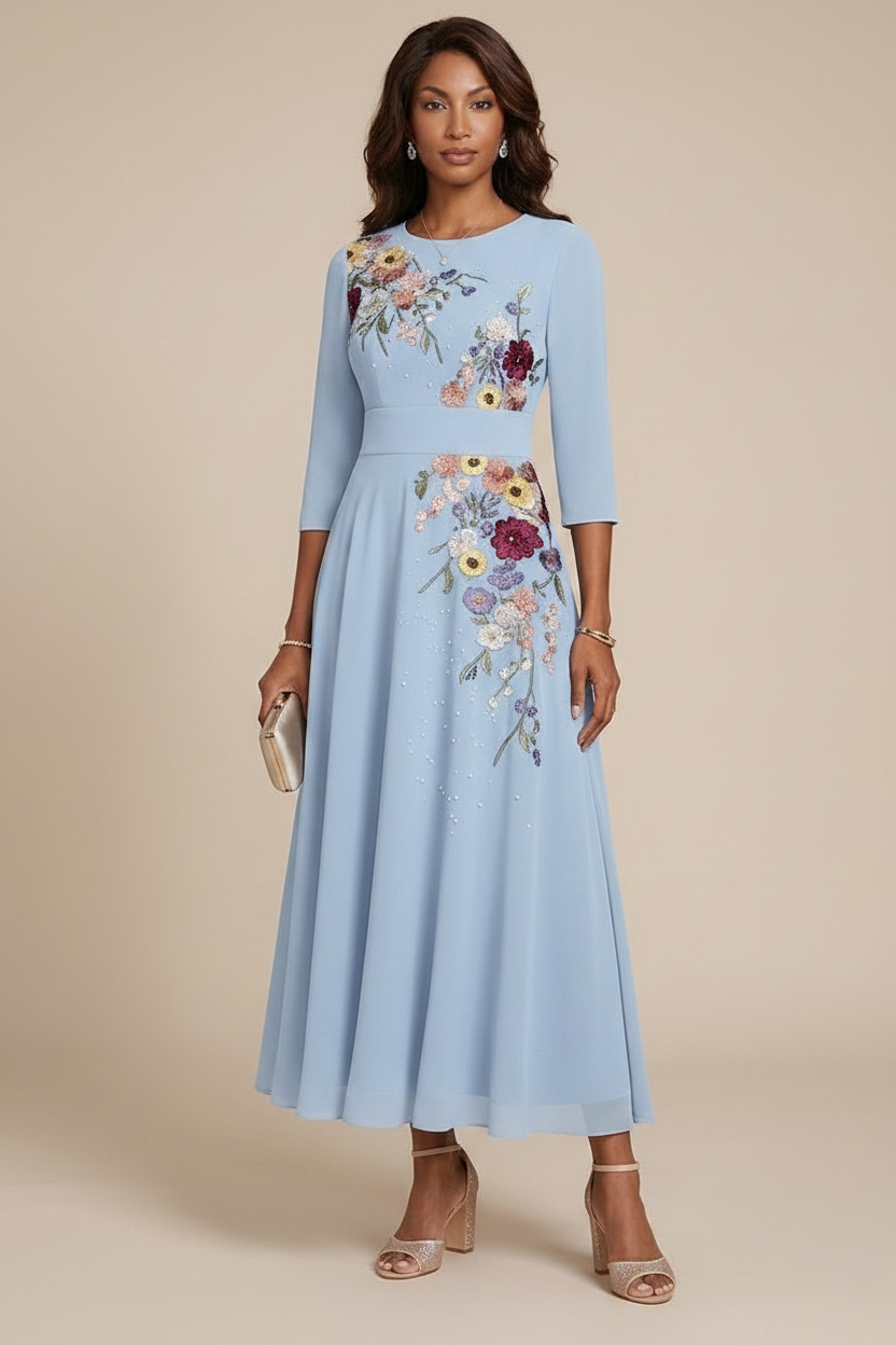 A-Line/Princess Scoop Chiffon Mother of the Bride Dresses 3/4 Sleeves Lace Tea-Length Floral