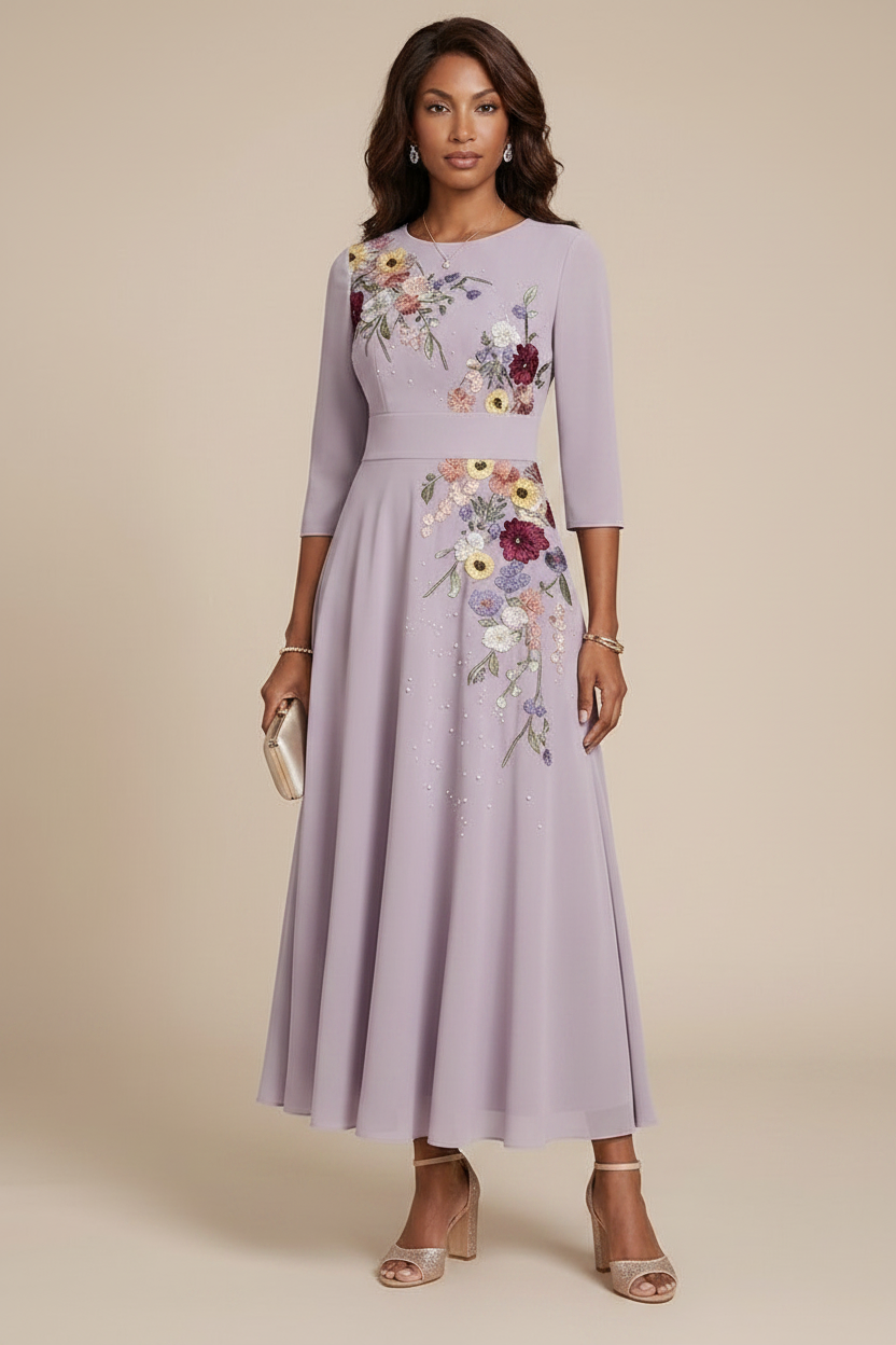 A-Line/Princess Scoop Chiffon Mother of the Bride Dresses 3/4 Sleeves Lace Tea-Length Floral