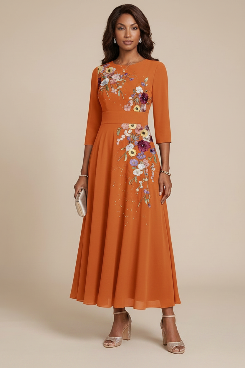 A-Line/Princess Scoop Chiffon Mother of the Bride Dresses 3/4 Sleeves Lace Tea-Length Floral