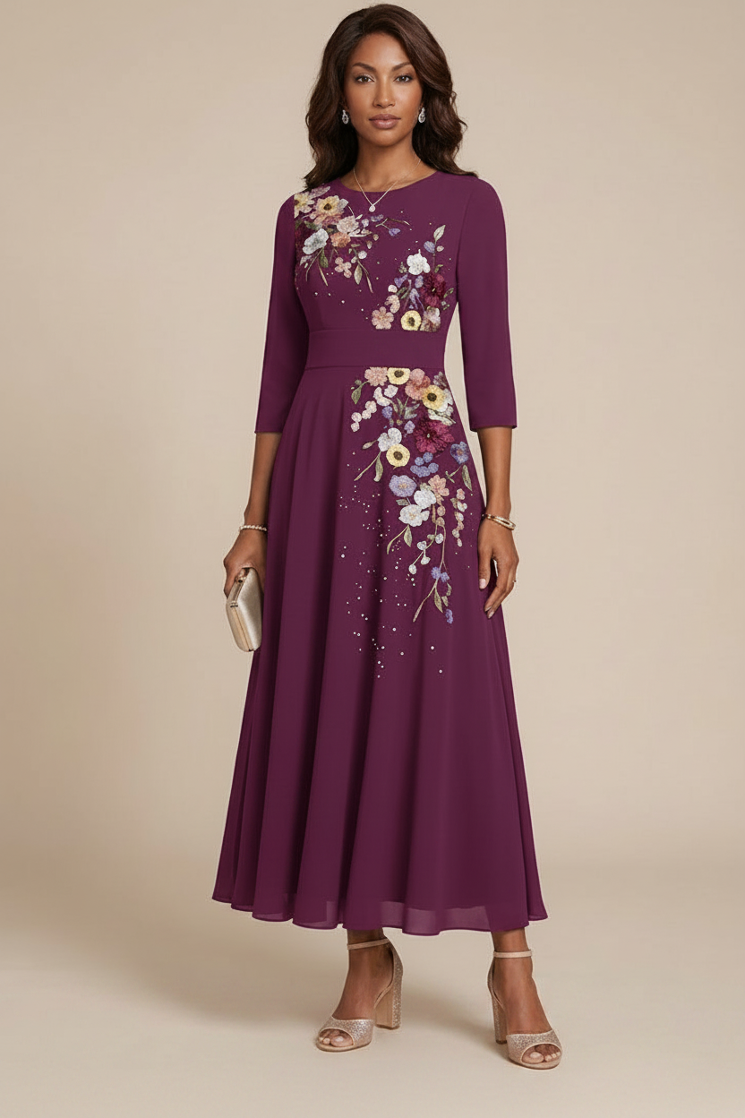 A-Line/Princess Scoop Chiffon Mother of the Bride Dresses 3/4 Sleeves Lace Tea-Length Floral