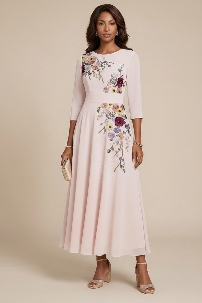 A-Line/Princess Scoop Chiffon Mother of the Bride Dresses 3/4 Sleeves Lace Tea-Length Floral