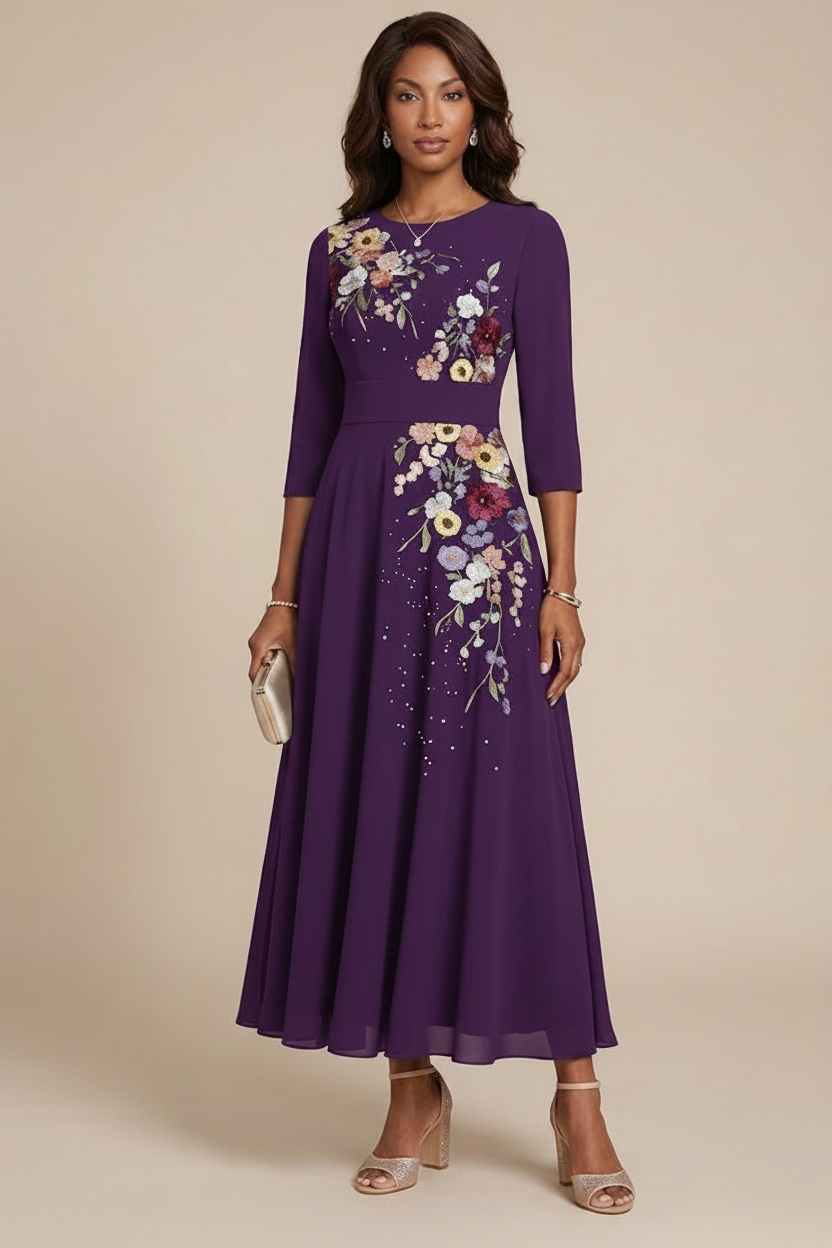A-Line/Princess Scoop Chiffon Mother of the Bride Dresses 3/4 Sleeves Lace Tea-Length Floral