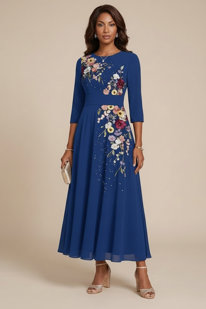 A-Line/Princess Scoop Chiffon Mother of the Bride Dresses 3/4 Sleeves Lace Tea-Length Floral