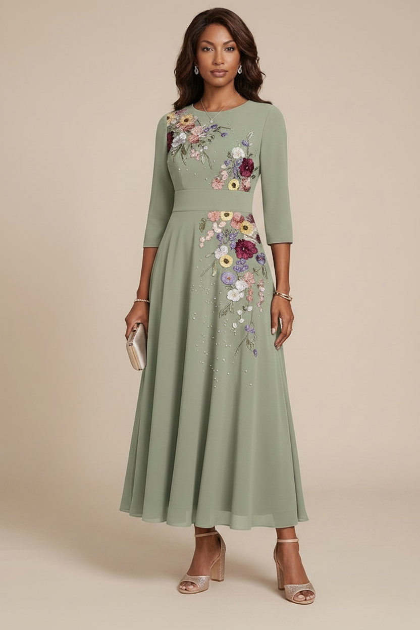A-Line/Princess Scoop Chiffon Mother of the Bride Dresses 3/4 Sleeves Lace Tea-Length Floral