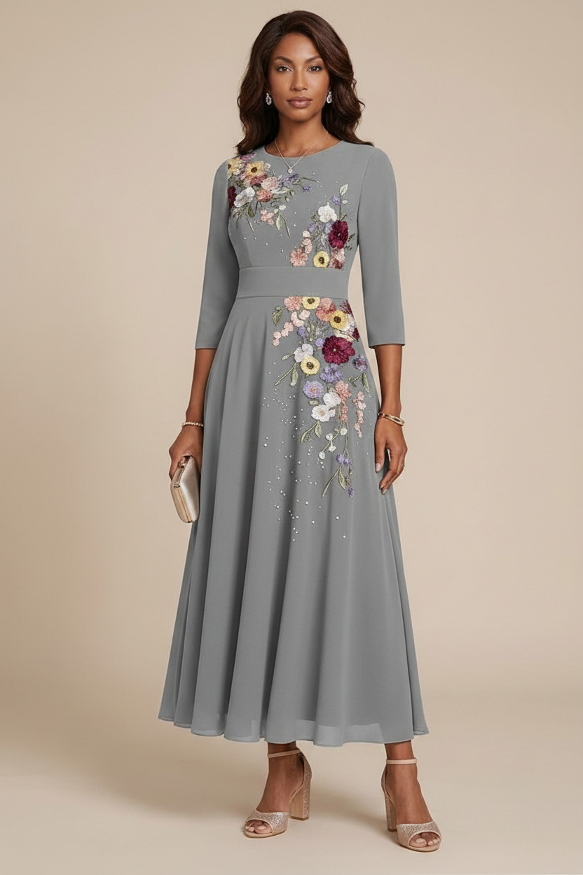 A-Line/Princess Scoop Chiffon Mother of the Bride Dresses 3/4 Sleeves Lace Tea-Length Floral