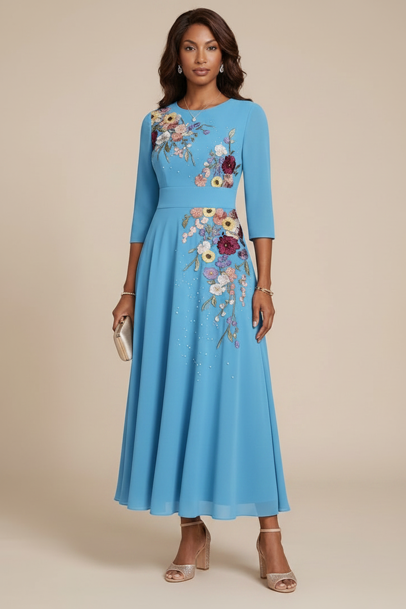 A-Line/Princess Scoop Chiffon Mother of the Bride Dresses 3/4 Sleeves Lace Tea-Length Floral