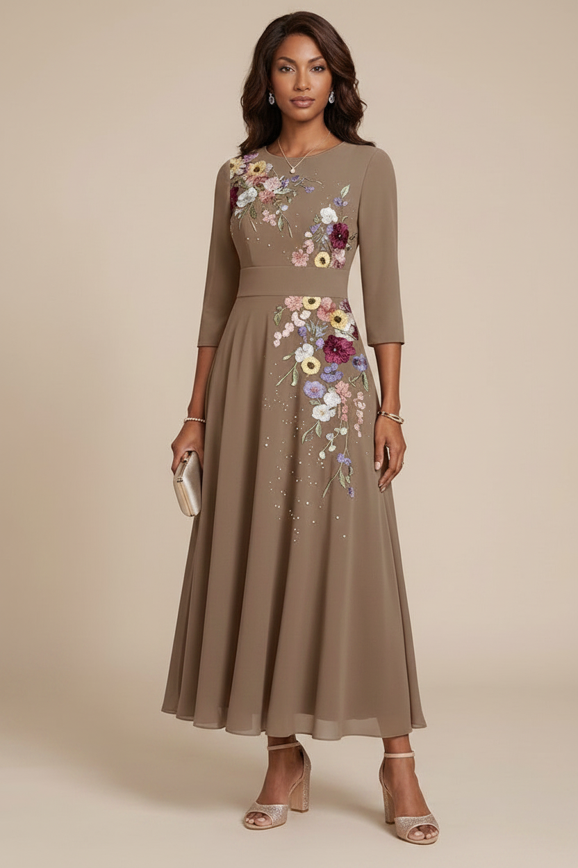 A-Line/Princess Scoop Chiffon Mother of the Bride Dresses 3/4 Sleeves Lace Tea-Length Floral