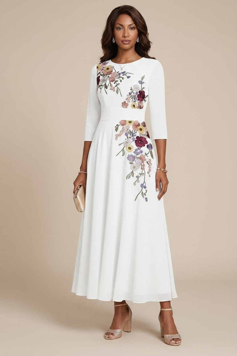 A-Line/Princess Scoop Chiffon Mother of the Bride Dresses 3/4 Sleeves Lace Tea-Length Floral