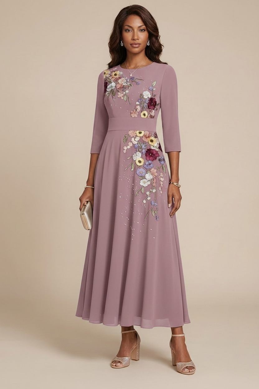 A-Line/Princess Scoop Chiffon Mother of the Bride Dresses 3/4 Sleeves Lace Tea-Length Floral