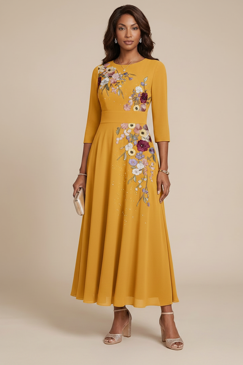 A-Line/Princess Scoop Chiffon Mother of the Bride Dresses 3/4 Sleeves Lace Tea-Length Floral