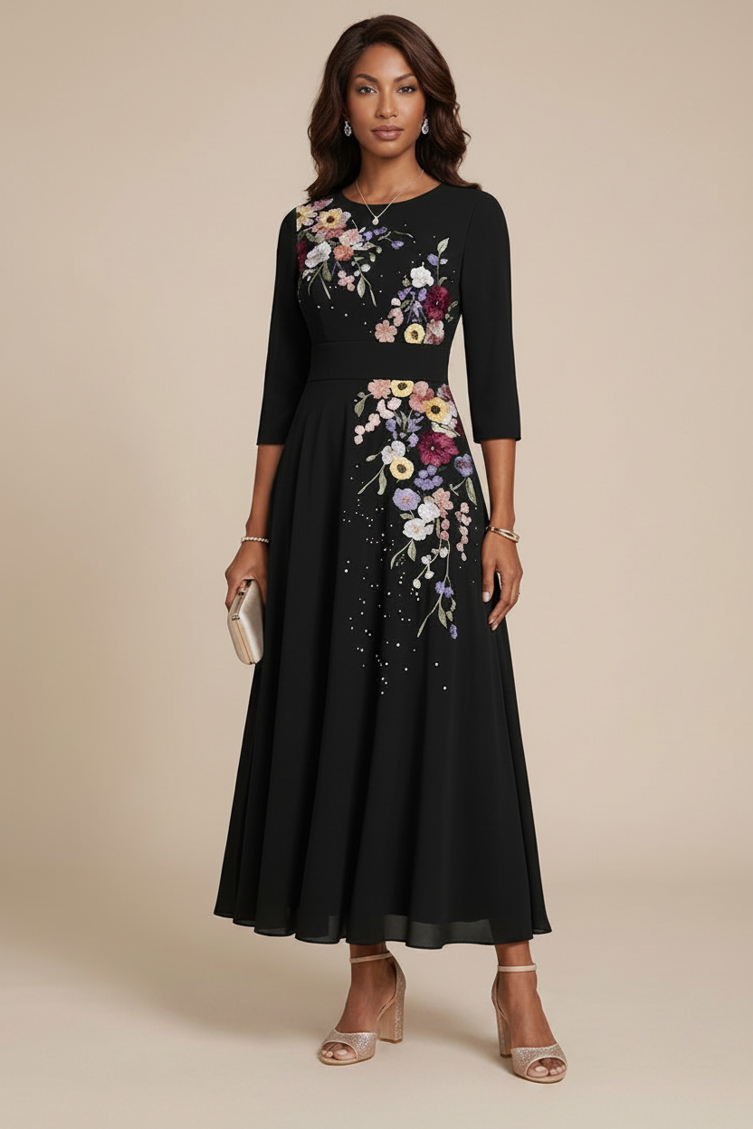 A-Line/Princess Scoop Chiffon Mother of the Bride Dresses 3/4 Sleeves Lace Tea-Length Floral
