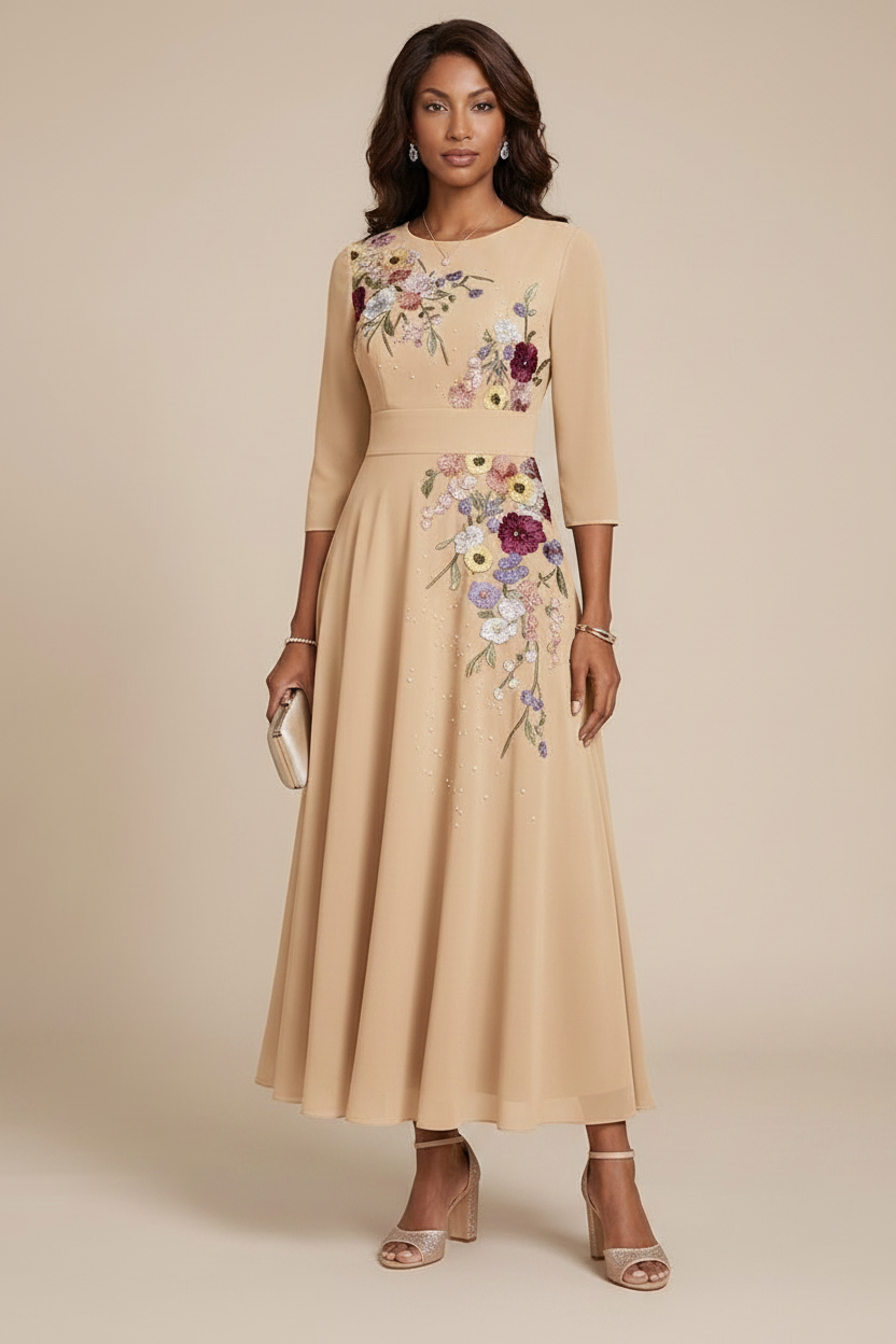 A-Line/Princess Scoop Chiffon Mother of the Bride Dresses 3/4 Sleeves Lace Tea-Length Floral
