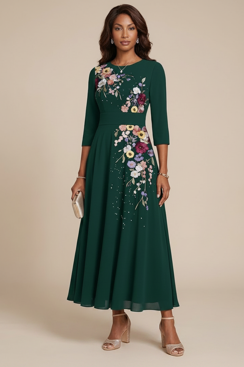 A-Line/Princess Scoop Chiffon Mother of the Bride Dresses 3/4 Sleeves Lace Tea-Length Floral