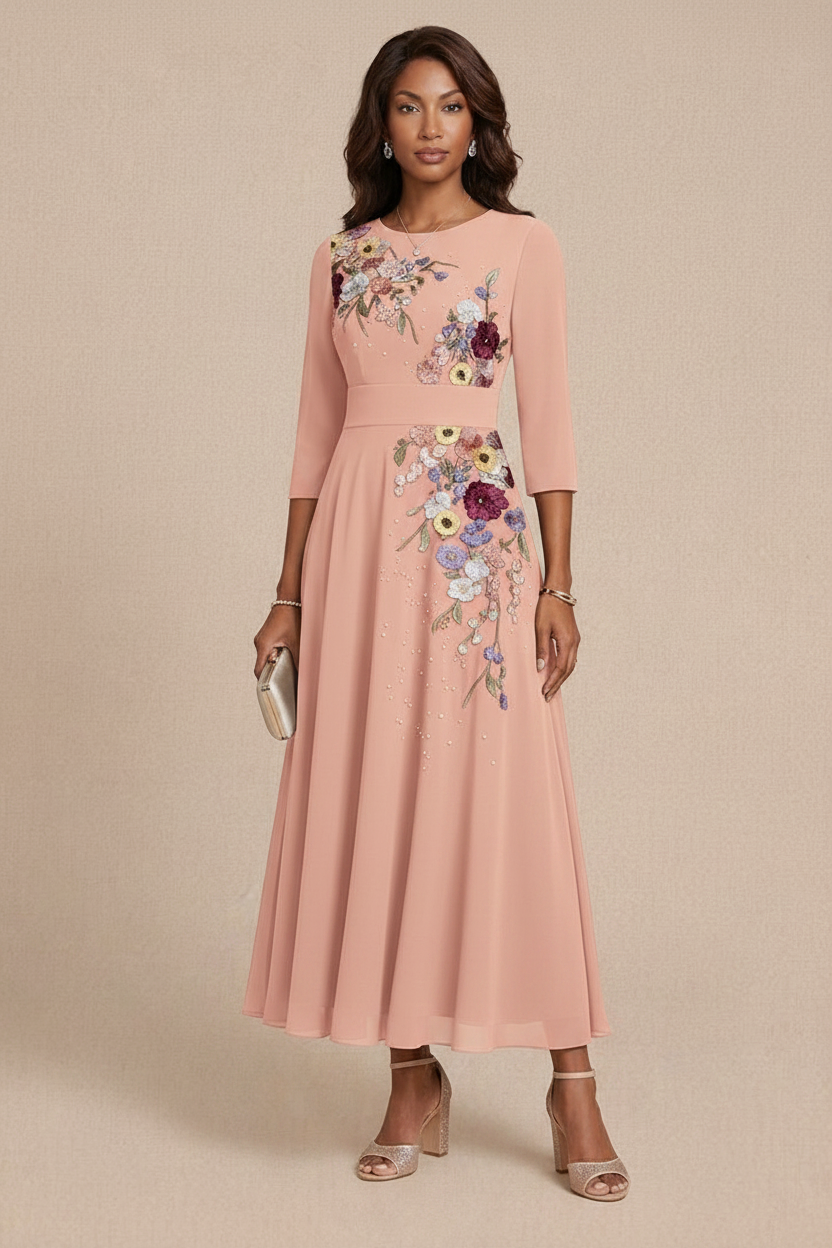 A-Line/Princess Scoop Chiffon Mother of the Bride Dresses 3/4 Sleeves Lace Tea-Length Floral