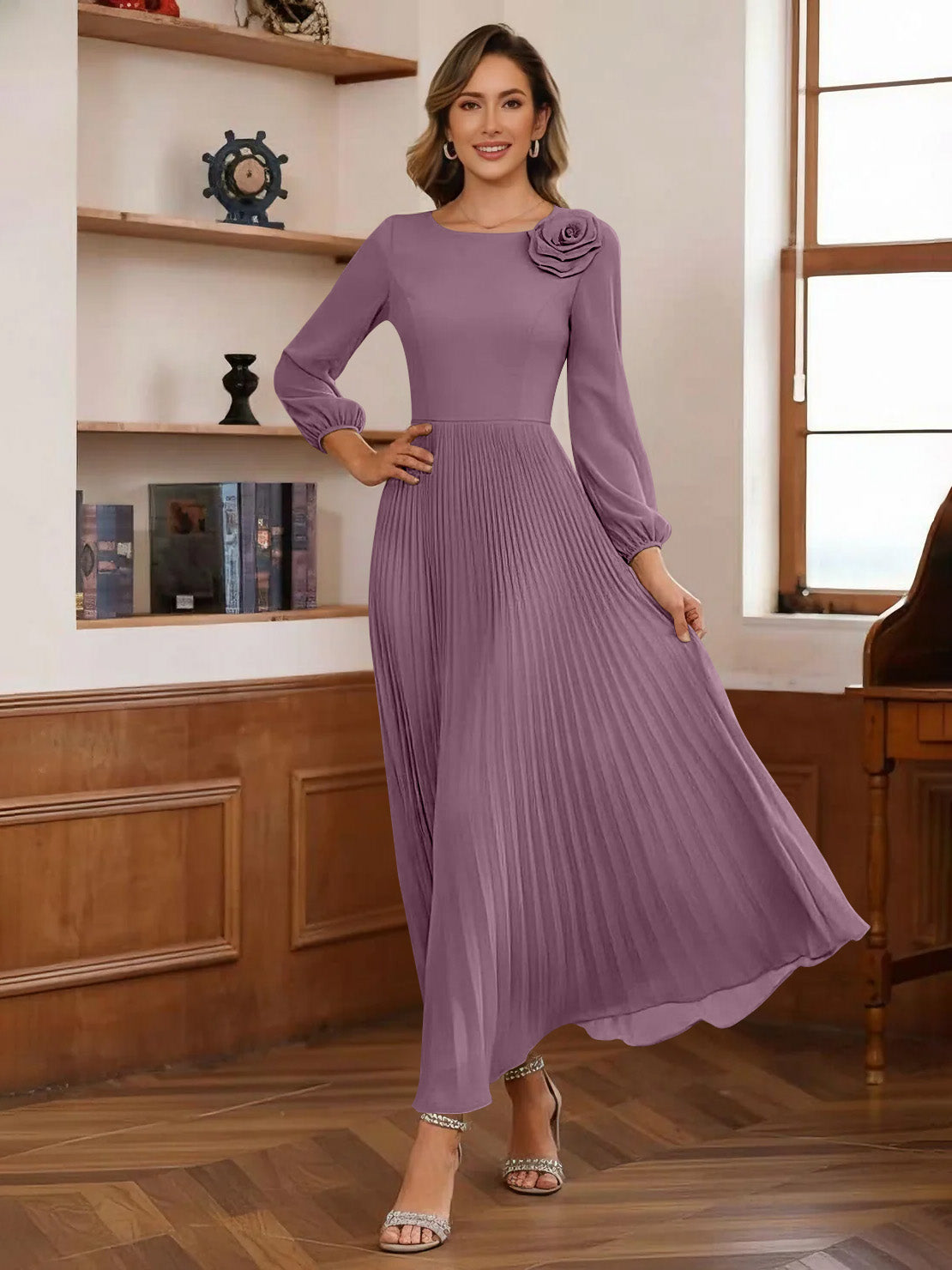 A-Line/Princess Scoop Chiffon Mother of the Bride Dresses Ankle-Length Pleated Floral Long Sleeves Flower