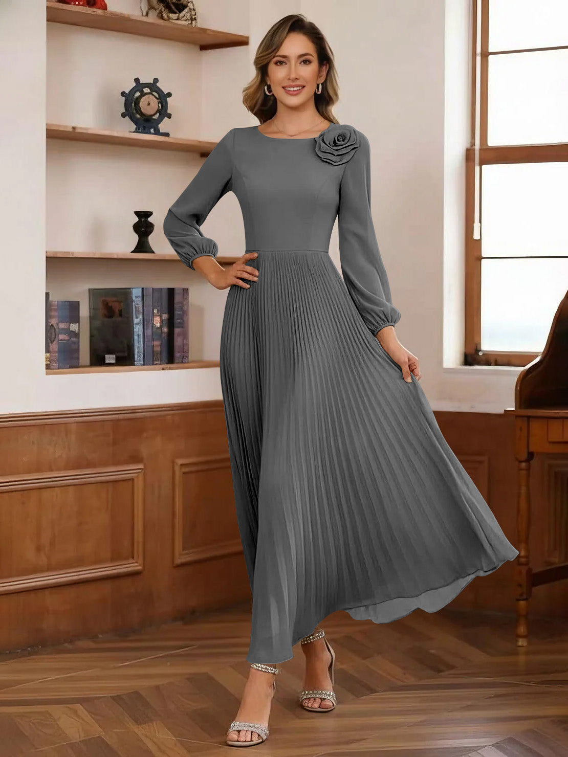 A-Line/Princess Scoop Chiffon Mother of the Bride Dresses Ankle-Length Pleated Floral Long Sleeves Flower