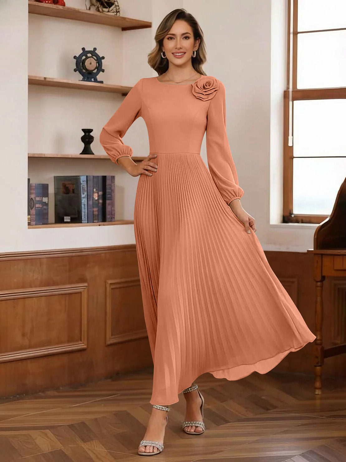 A-Line/Princess Scoop Chiffon Mother of the Bride Dresses Ankle-Length Pleated Floral Long Sleeves Flower