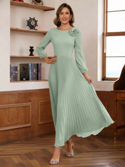 A-Line/Princess Scoop Chiffon Mother of the Bride Dresses Ankle-Length Pleated Floral Long Sleeves Flower