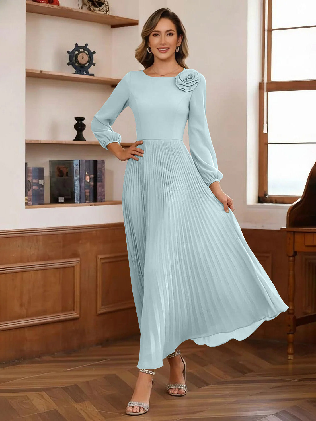 A-Line/Princess Scoop Chiffon Mother of the Bride Dresses Ankle-Length Pleated Floral Long Sleeves Flower