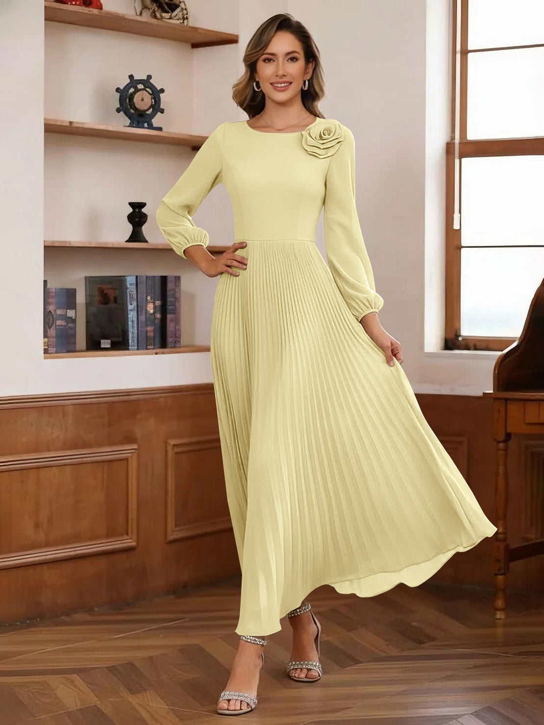 A-Line/Princess Scoop Chiffon Mother of the Bride Dresses Ankle-Length Pleated Floral Long Sleeves Flower