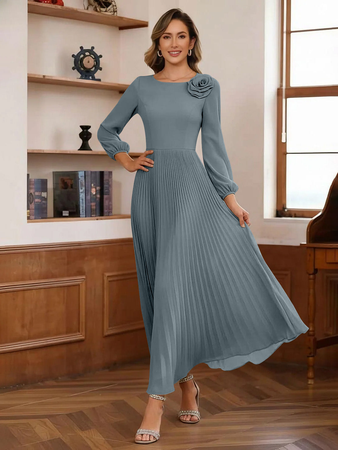 A-Line/Princess Scoop Chiffon Mother of the Bride Dresses Ankle-Length Pleated Floral Long Sleeves Flower