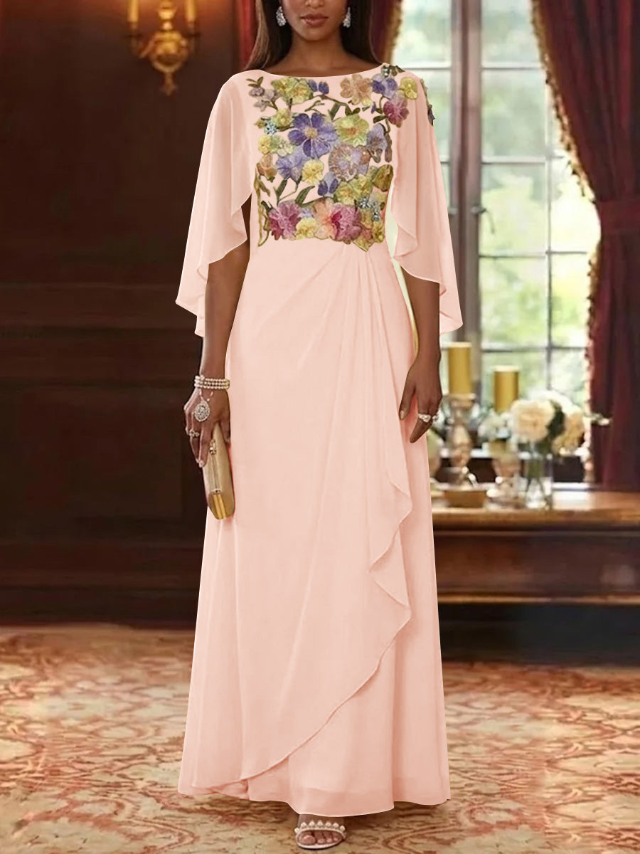 A-Line/Princess Scoop Chiffon Mother of the Bride Dresses Lace Floral Floor-Length Cape Sleeves