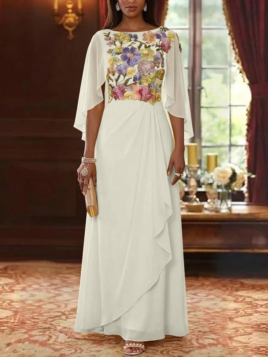 A-Line/Princess Scoop Chiffon Mother of the Bride Dresses Lace Floral Floor-Length Cape Sleeves