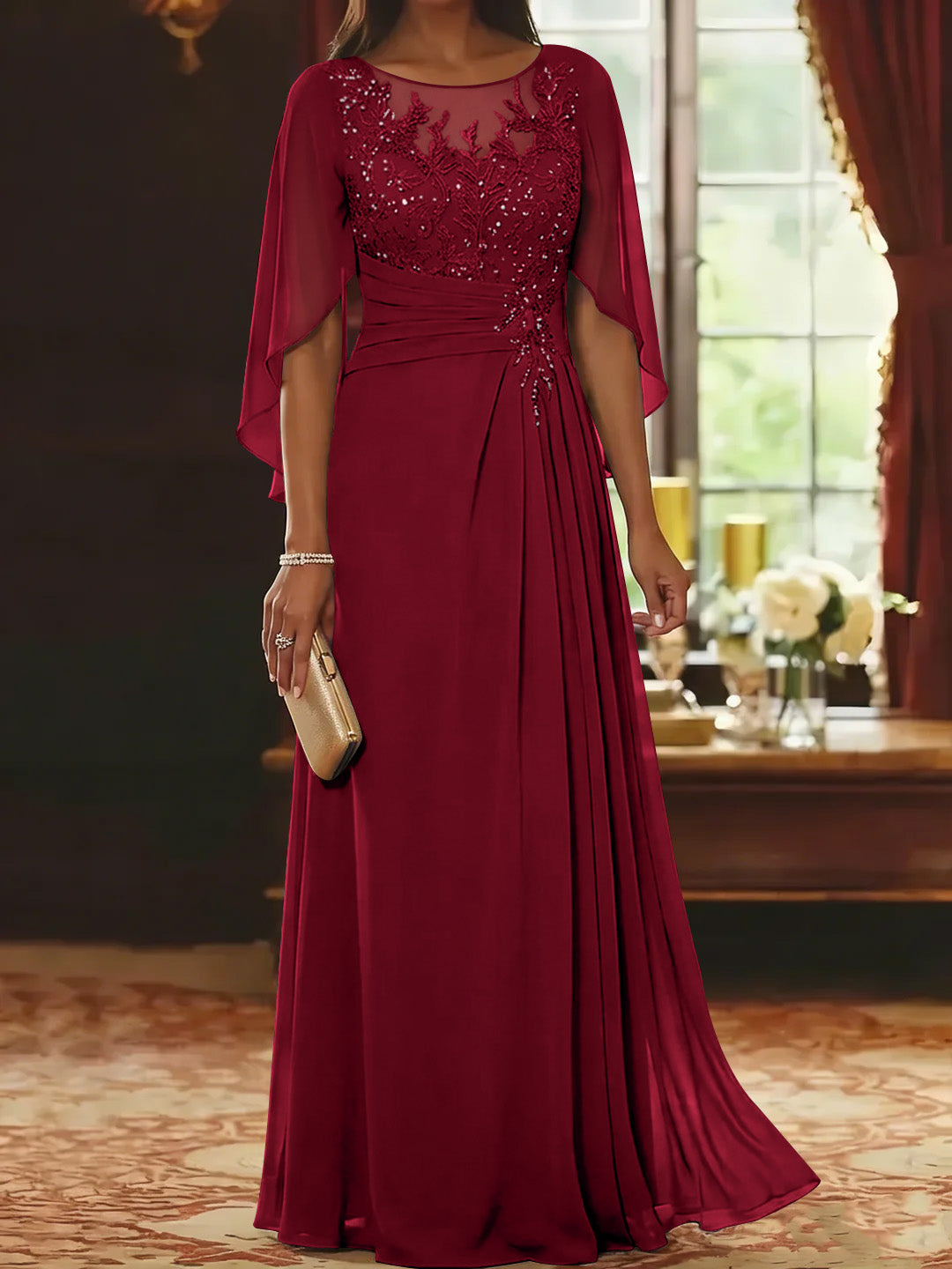 A-Line/Princess Scoop Chiffon Mother of the Bride Dresses Lace Half Sleeves Floor-Length