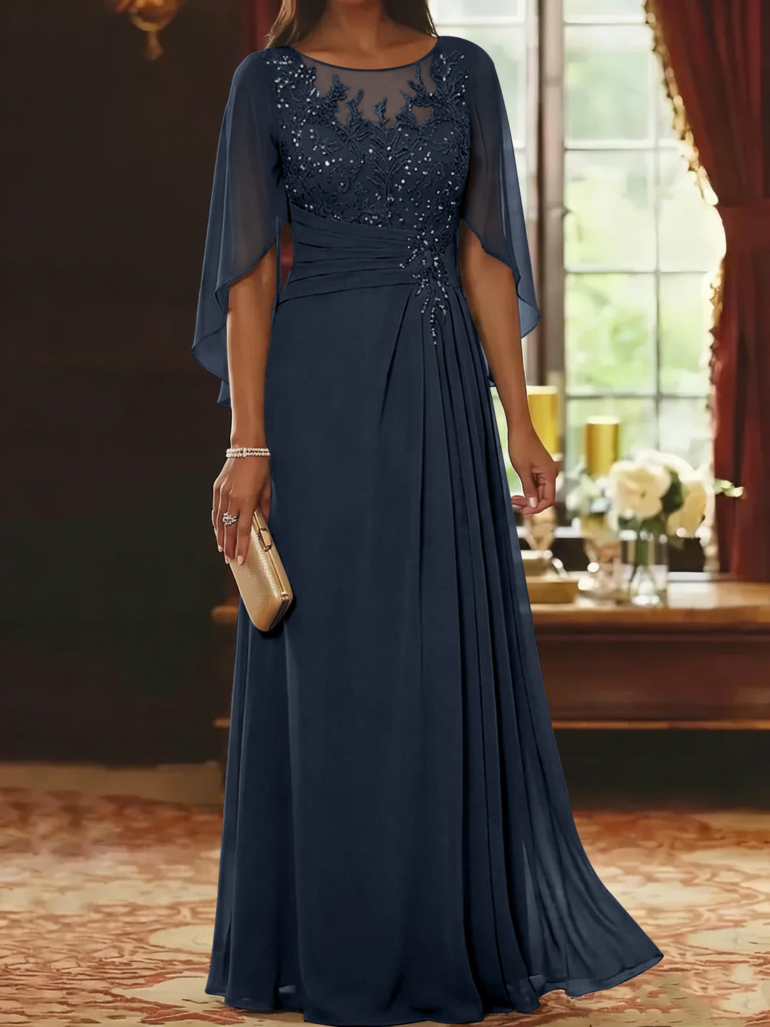 A-Line/Princess Scoop Chiffon Mother of the Bride Dresses Lace Half Sleeves Floor-Length