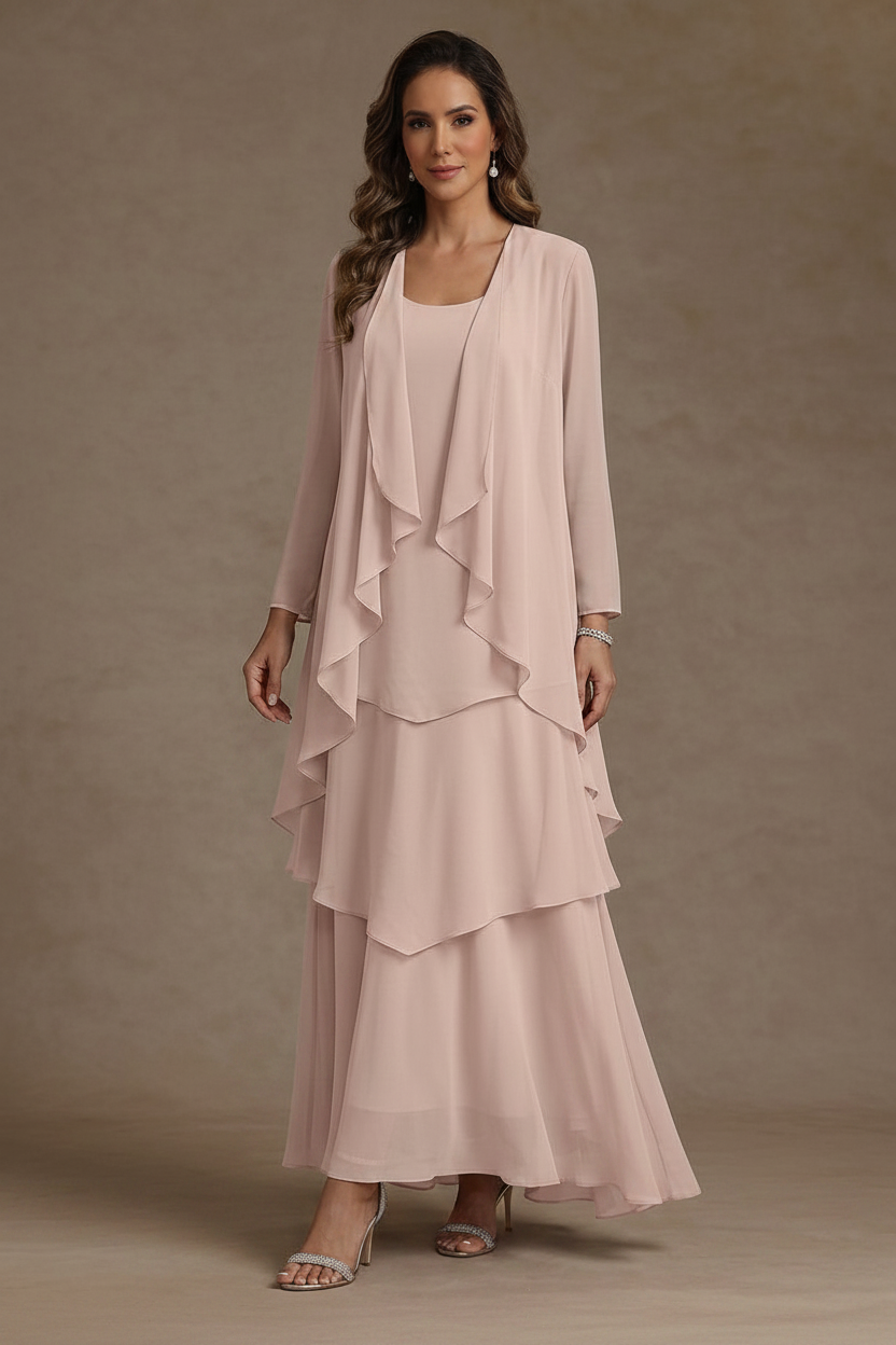 A-Line/Princess Scoop Chiffon Mother of the Bride Dresses with Jacket & Ruffles Long Sleeves Ankle-Length
