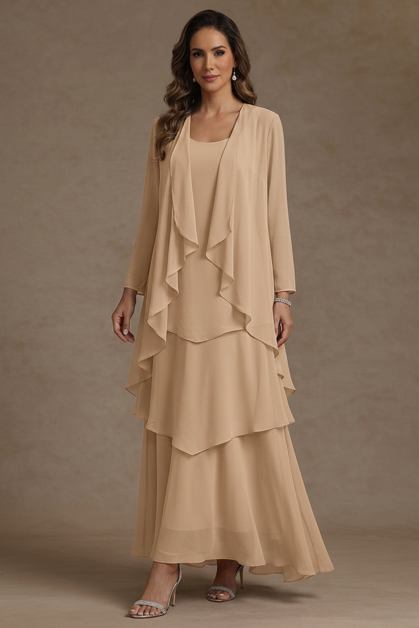 A-Line/Princess Scoop Chiffon Mother of the Bride Dresses with Jacket & Ruffles Long Sleeves Ankle-Length