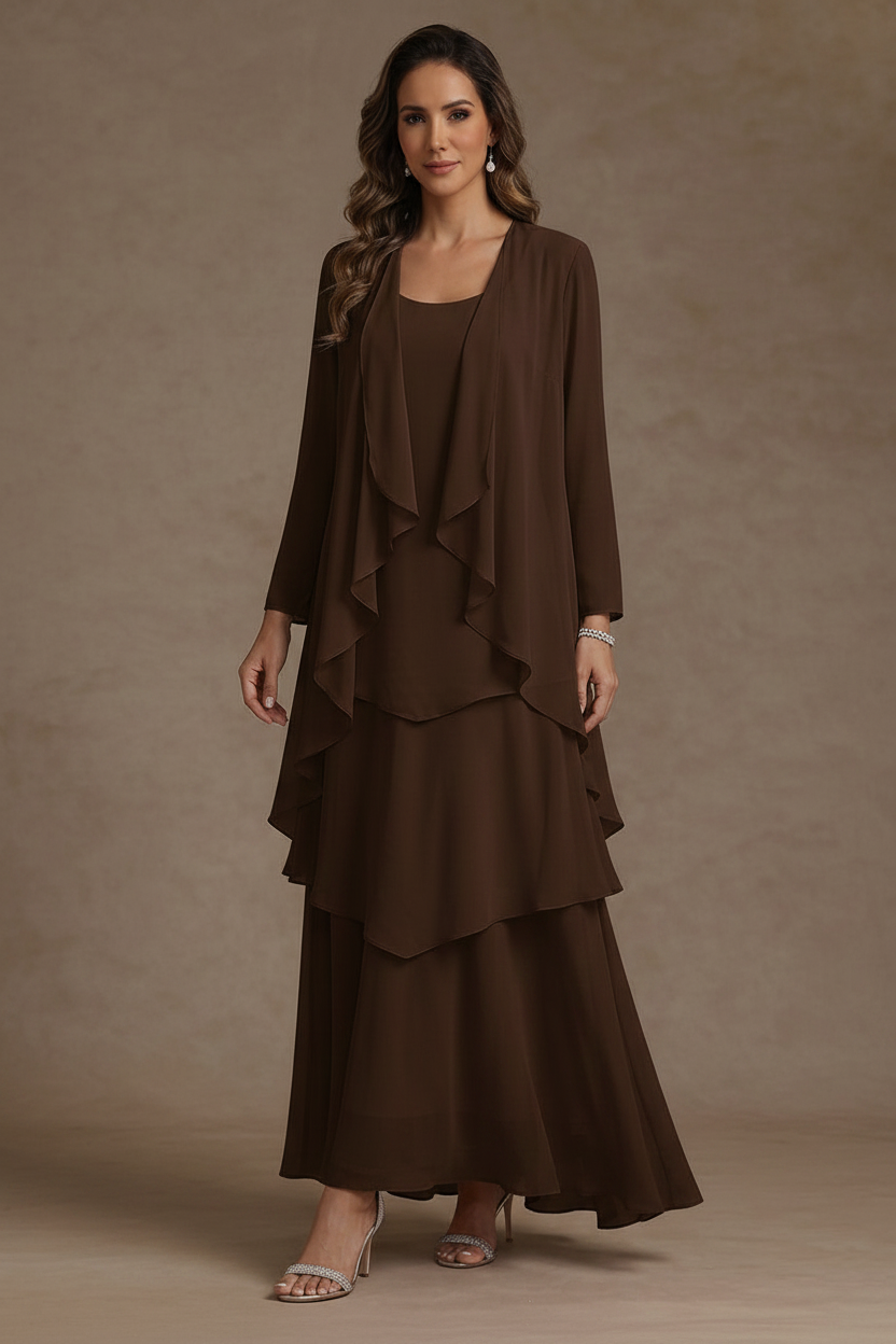 A-Line/Princess Scoop Chiffon Mother of the Bride Dresses with Jacket & Ruffles Long Sleeves Ankle-Length