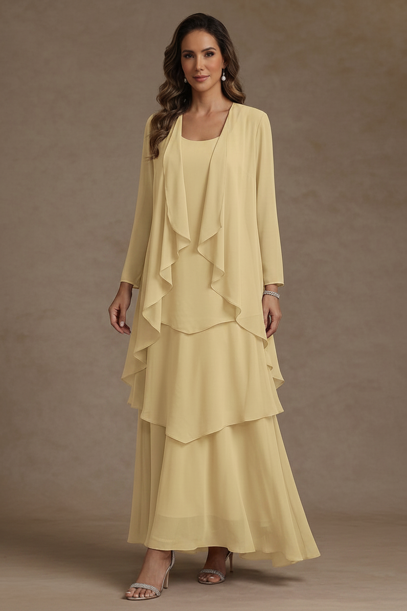 A-Line/Princess Scoop Chiffon Mother of the Bride Dresses with Jacket & Ruffles Long Sleeves Ankle-Length