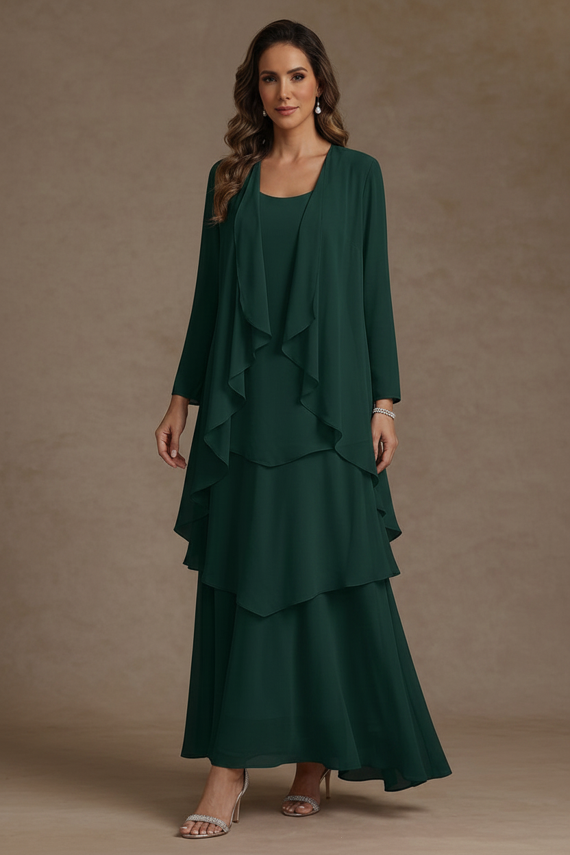 A-Line/Princess Scoop Chiffon Mother of the Bride Dresses with Jacket & Ruffles Long Sleeves Ankle-Length