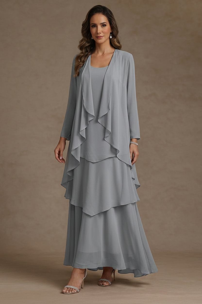 A-Line/Princess Scoop Chiffon Mother of the Bride Dresses with Jacket & Ruffles Long Sleeves Ankle-Length